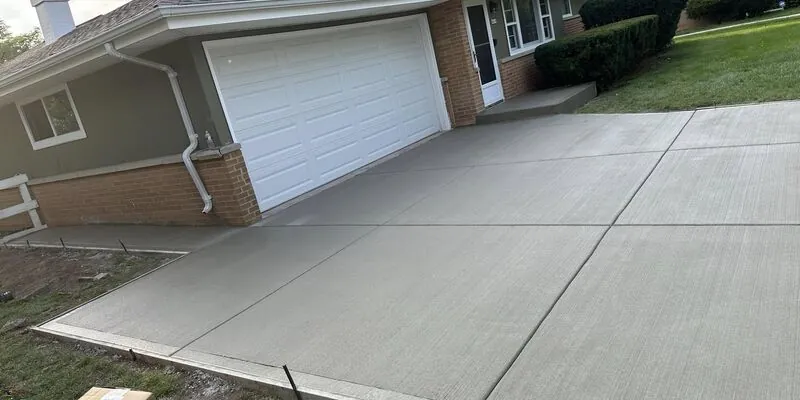 Completed concrete driveway installation with broom finish and control joints — Project 3, brick ranch home
